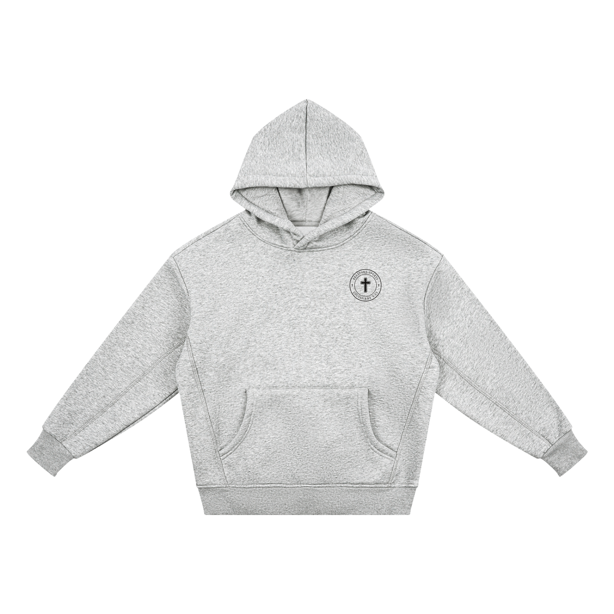 Colossians 3:23 youth hoodie in heather gray, front with Bradford Sports cross seal on the left chest