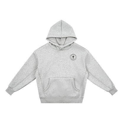 Colossians 3:23 youth hoodie in heather gray, front with Bradford Sports cross seal on the left chest
