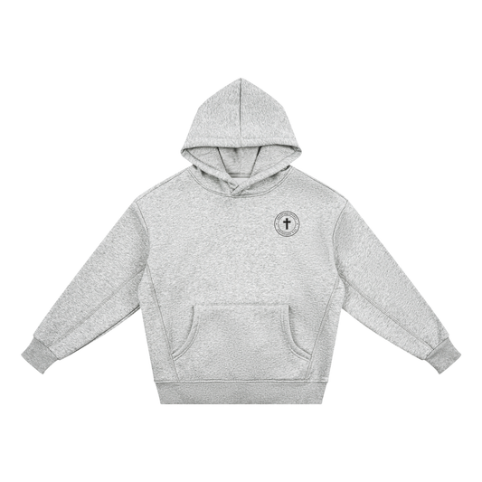 Colossians 3:23 youth hoodie in heather gray, front with Bradford Sports cross seal on the left chest