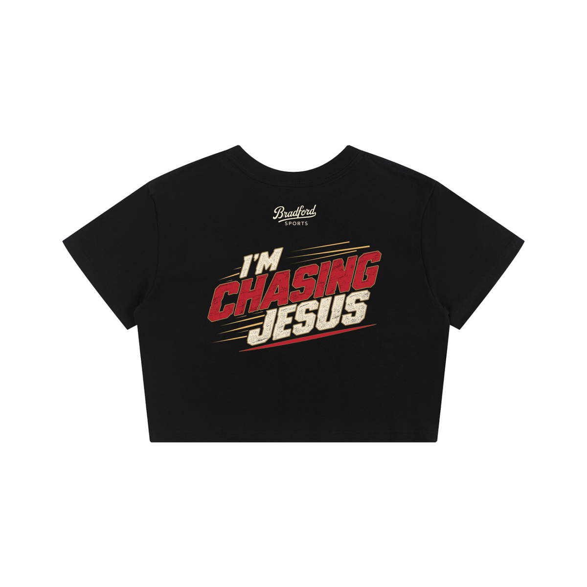 I'm Chasing Jesus Women's Baby Tee in Black, back view with the full varsity red graphic