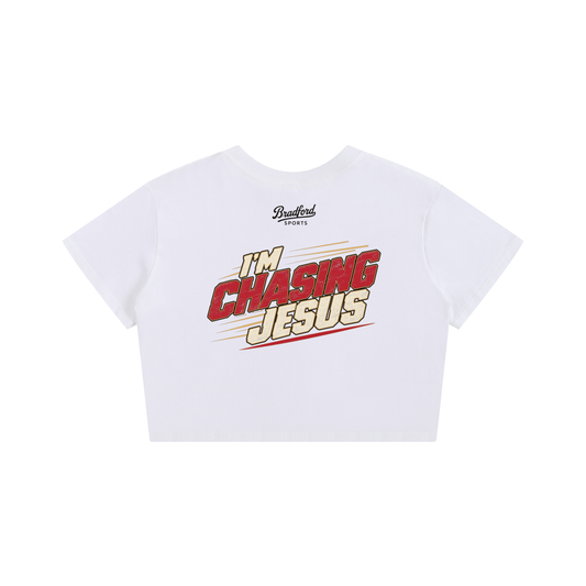 I'm Chasing Jesus Women's Baby Tee in White, back view with the full varsity red graphic