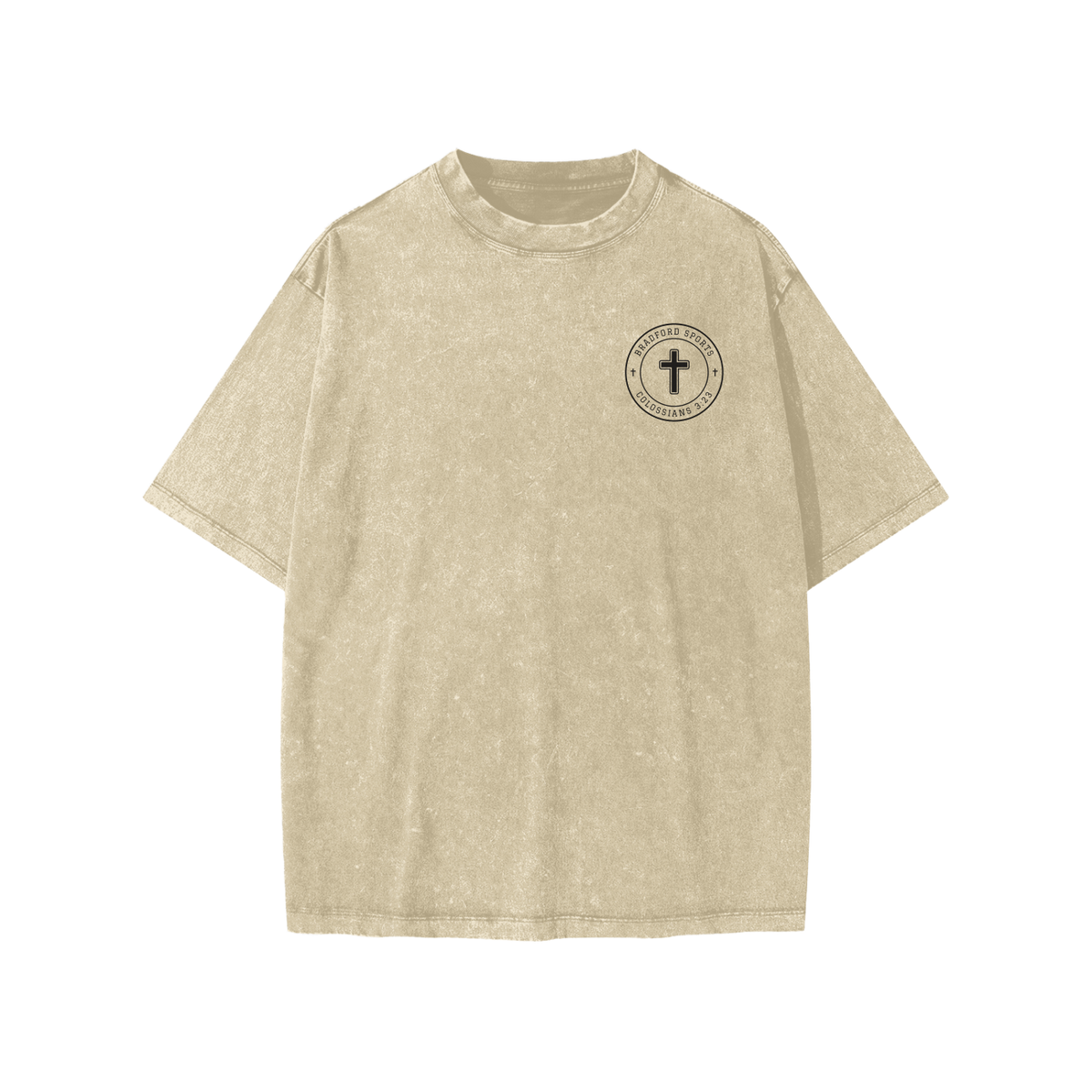 Colossians 3:23 youth tee in sand, front with Bradford Sports cross seal on the left chest