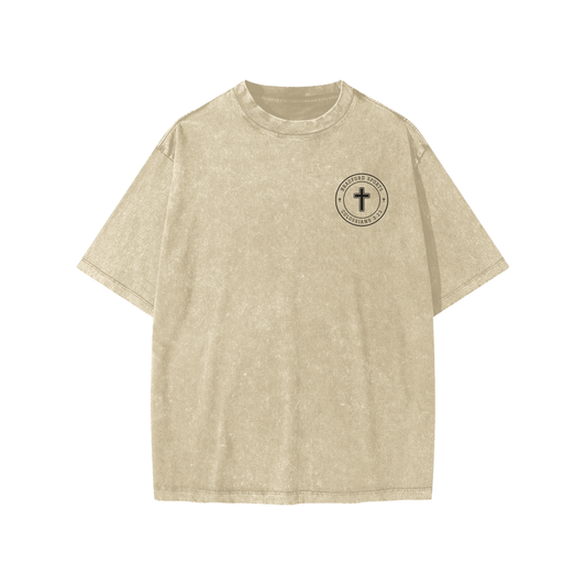 Colossians 3:23 youth tee in sand, front with Bradford Sports cross seal on the left chest