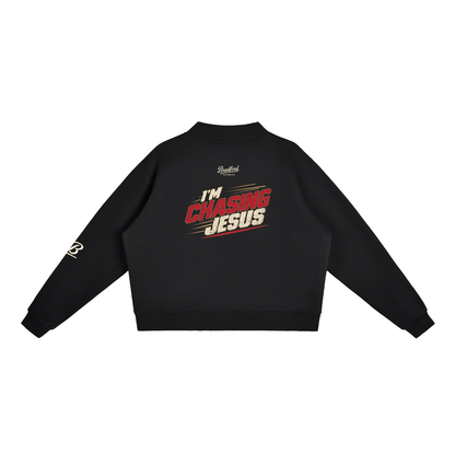 I'm Chasing Jesus Women's Mock Neck in Black, back view with the full varsity red graphic