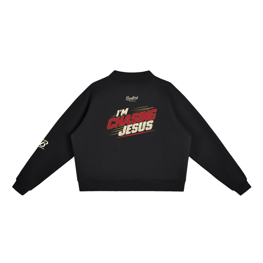 I'm Chasing Jesus Women's Mock Neck in Black, back view with the full varsity red graphic