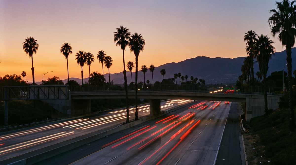 Southern California freeway at dusk with palm silhouettes and light trails