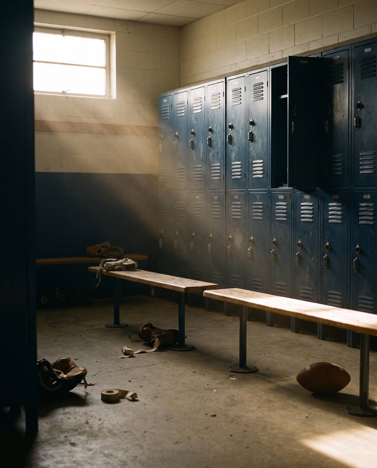 Empty locker room with late afternoon light through a high window