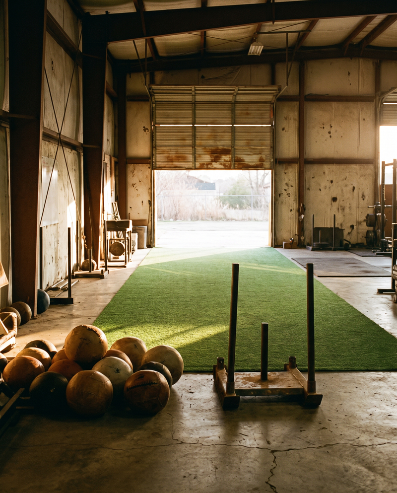 Turf training floor with a roll-up door open to the afternoon light