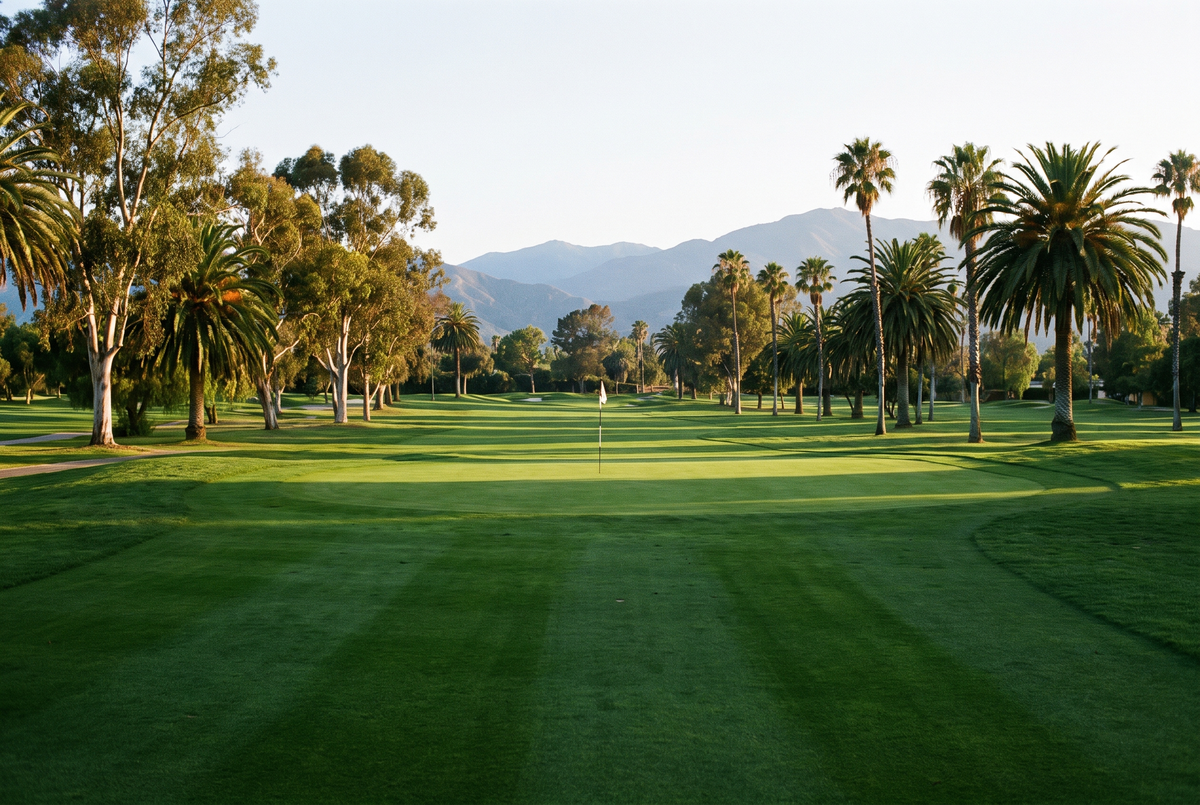 Manicured green with mower stripes, palms and mountains at golden hour